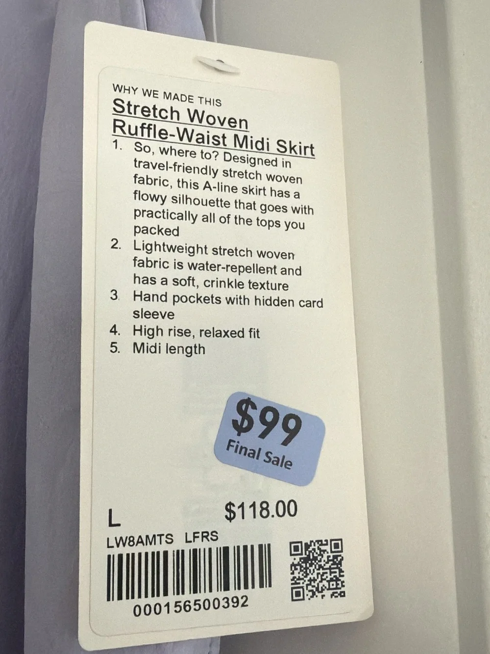 Lululemon Large Stretch Woven Ruffle-Waist Midi Skirt